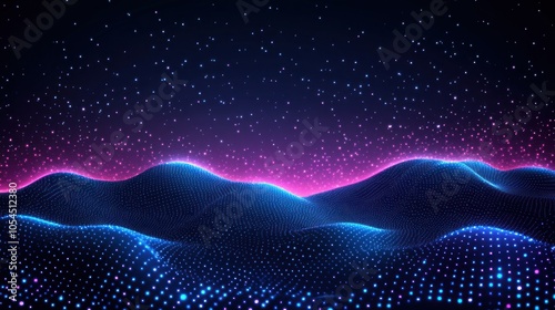 Abstract glowing neon waves against a dark background with scattered light particles.