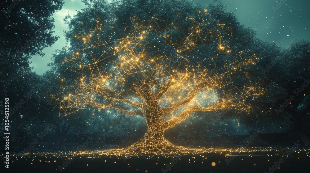 A mesmerizing tree glowing with ethereal network patterns, set in a serene landscape, portraying the fusion of nature and technology in a magical setting. A mesmerizing tree glowing with ethereal network patterns, set in a serene landscape, portraying the fusion of nature and technology in a magical setting.