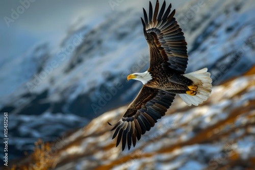 An American Bald Eagle soaring over a mountains in daytime. Neural network ai generated art photo