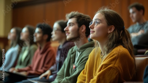 Students Attentively Listening to a Professor During a University Lecture in a Large Classroom Setting. Generative AI