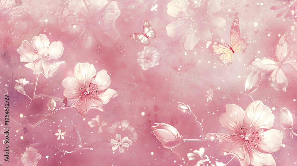 A soft pink background adorned with delicate line art of flowers and butterflies, all outlined in crisp white, creating a simple and feminine aesthetic