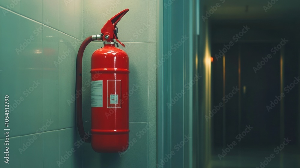 A red fire extinguisher mounted on a wall in a dimly lit hallway for safety and emergency use. A red fire extinguisher mounted on a wall in a dimly lit hallway for safety and emergency use.