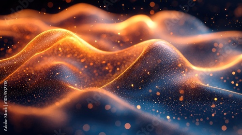 Abstract glowing orange wave pattern with particles on black background.