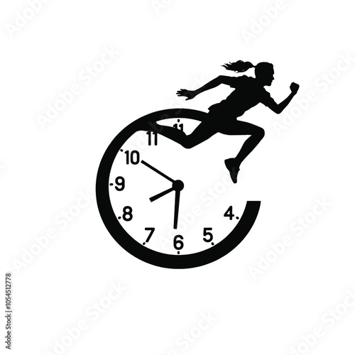 a black and white silhouette of a clock with a silhouette of a person running on top of it