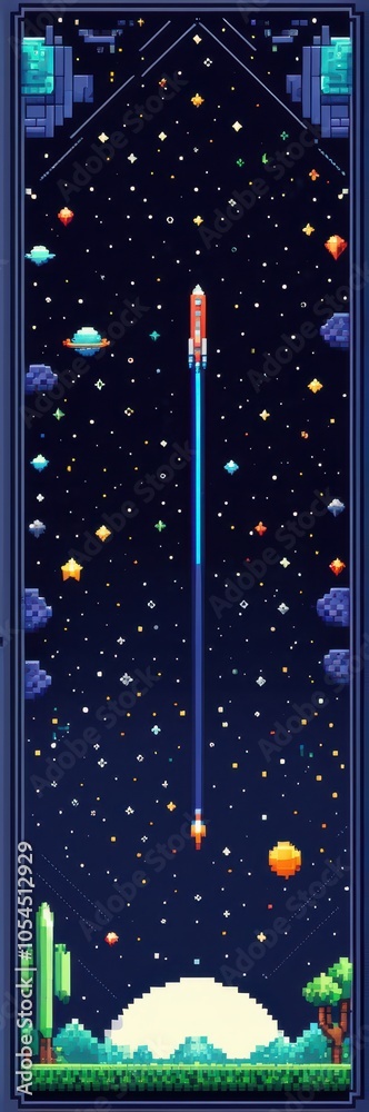 Naklejka premium Eye-catching pixel space banner with a blend of abstract shapes and vibrant colors, perfect for creative digital designs.