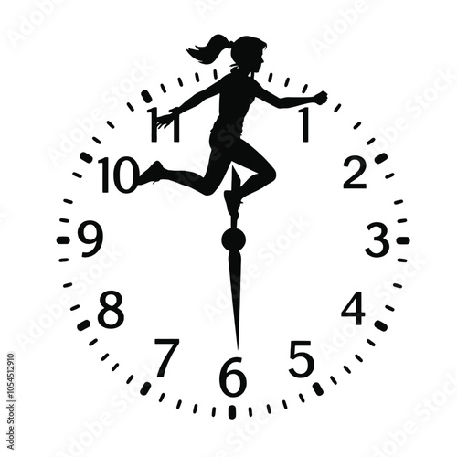 a black and white silhouette of a clock with a silhouette of a person running on top of it
