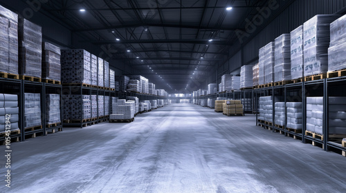 Inside a spacious cold storage room, pallets of frozen goods are stacked on industrial metal shelves, while frost clings to the walls, emphasizing the controlled temperature enviro