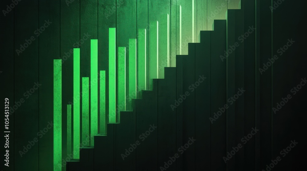 Abstract green staircase with bars suggesting growth or progress. Abstract green staircase with bars suggesting growth or progress.