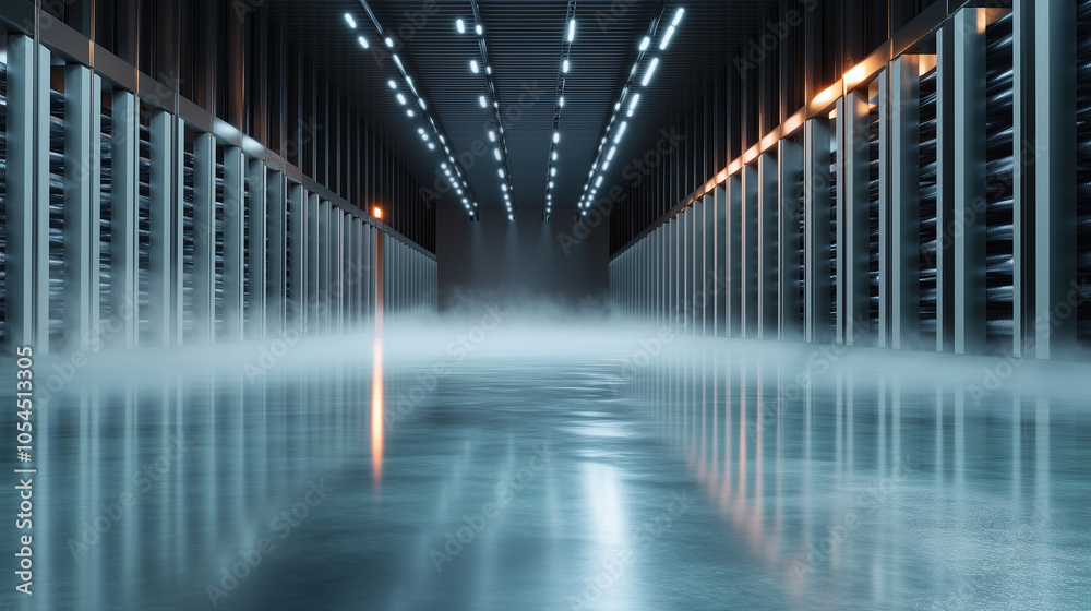 Fototapeta premium A futuristic refrigerated storage warehouse with sleek, silver shelving units holding pallets of temperature-sensitive products, with the chill of the room visible in the form of m