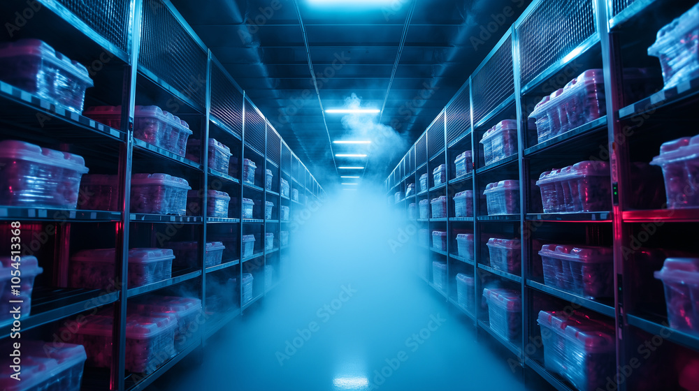 Inside a temperature-controlled cold room, neat rows of industrial shelves are filled with pallets of refrigerated products, the cold mist swirling around as overhead lights cast a Inside a temperature-controlled cold room, neat rows of industrial shelves are filled with pallets of refrigerated products, the cold mist swirling around as overhead lights cast a