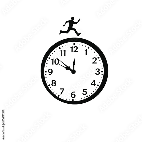 a black and white silhouette of a clock with a silhouette of a person running on top of it