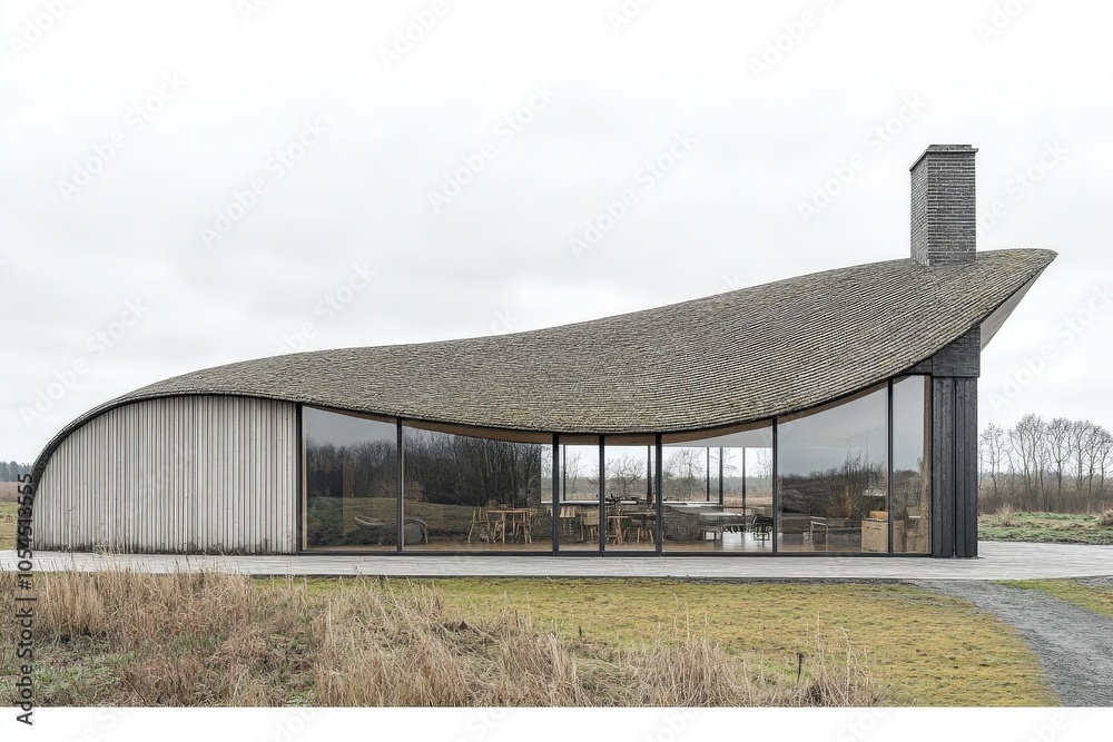 Modern curved house with wooden elements and open space blending nature and architecture in a minimalist countryside setting Modern curved house with wooden elements and open space blending nature and architecture in a minimalist countryside setting