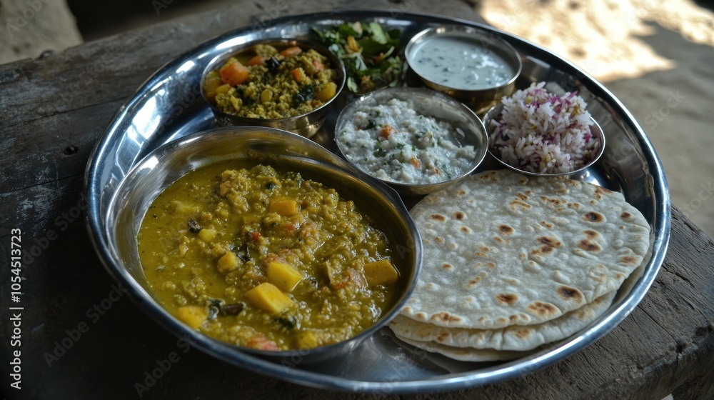 A traditional Indian meal served on a silver platter with various dishes and bread. A traditional Indian meal served on a silver platter with various dishes and bread.
