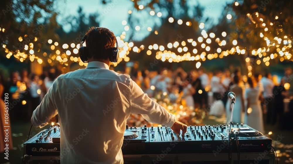 A DJ performs at an outdoor event illuminated by string lights, with guests enjoying the atmosphere. A DJ performs at an outdoor event illuminated by string lights, with guests enjoying the atmosphere.