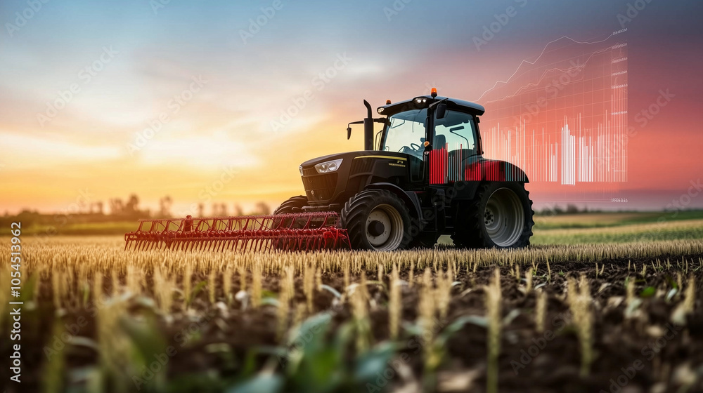 A tractor navigating through a lush wheat field at sunset, with the sky painted in warm hues, while digital financial graphs appear as an overlay, representing the economic impact A tractor navigating through a lush wheat field at sunset, with the sky painted in warm hues, while digital financial graphs appear as an overlay, representing the economic impact
