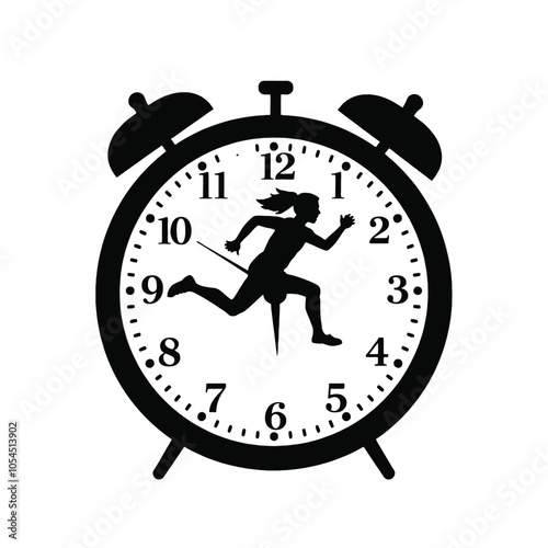 a black and white silhouette of a clock with a silhouette of a person running on top of it