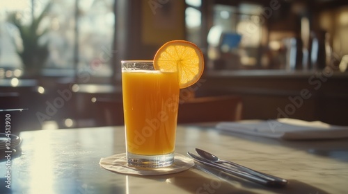 A refreshing glass of orange juice garnished with a slice of orange on a table.