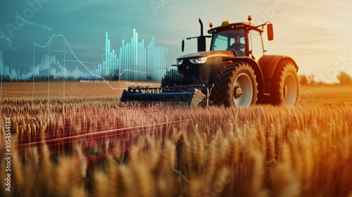 An overhead shot of a tractor moving through a golden wheat field, with intricate financial graphs overlaying the scene, indicating the balance of agricultural production and econo photo