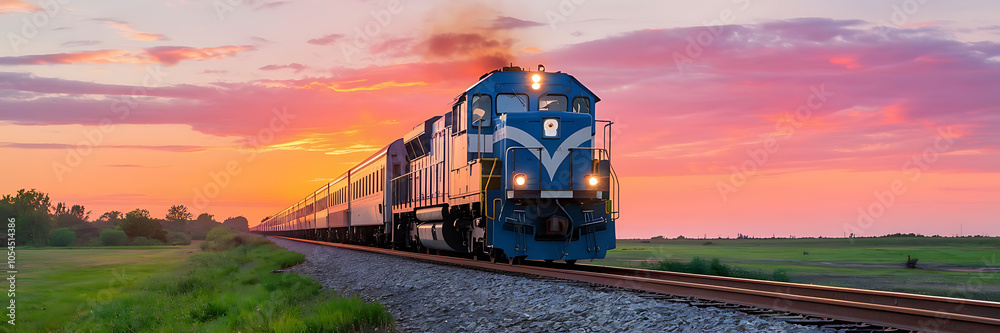 Fototapeta premium Blue train against a pink sunset sky perfect for travel and transportation concepts 
