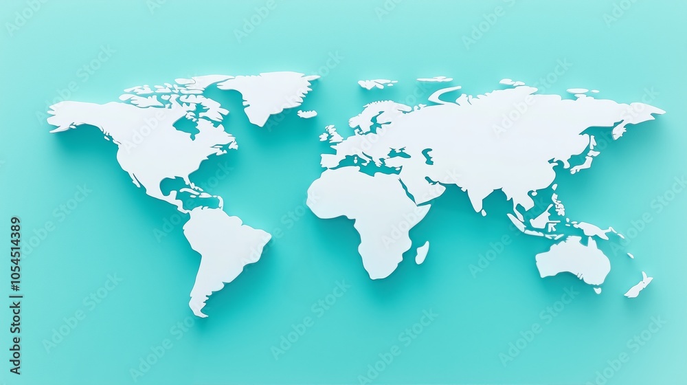 Minimalist 3D White World Map on Teal Background with Simplified Design for Modern Global Representation and Education, Generative AI Minimalist 3D White World Map on Teal Background with Simplified Design for Modern Global Representation and Education, Generative AI