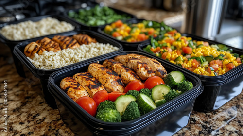 A kitchen scene showcasing a batch of meal prep containers filled with vibrant vegetables, grilled chicken, and couscous, arranged in an orderly fashion for a week of healthy, pre-