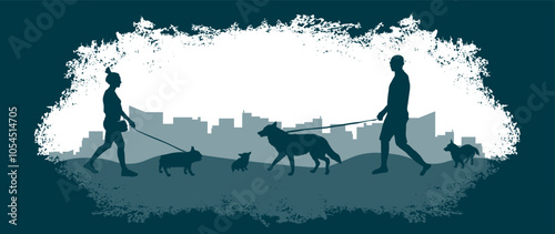 Walking dogs on background of city in grunge frame, silhouette. Vector illustration