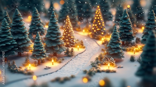 Whimsical Christmas forest with vibrant enchanted textures in 3D