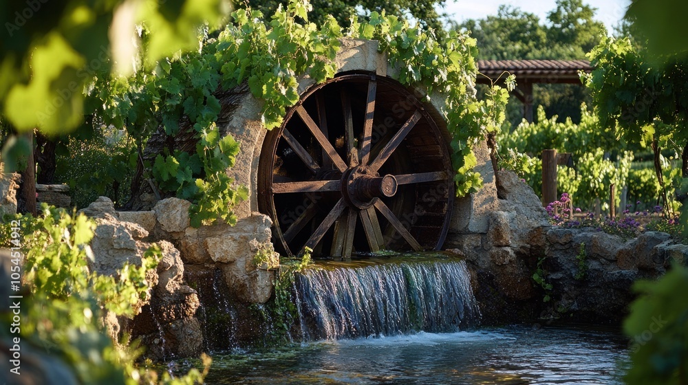 A rustic wooden water wheel turns slowly in a picturesque setting with cascading water and lush greenery. A rustic wooden water wheel turns slowly in a picturesque setting with cascading water and lush greenery.
