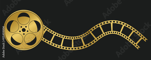 Golden cinema film reel icon. Old retro reel with film strip. Vector illustration