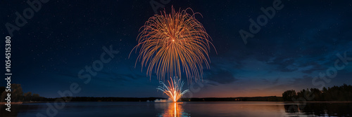 Orange and blue fireworks exploding over a still lake with a starry night sky celebrating a summer holiday   