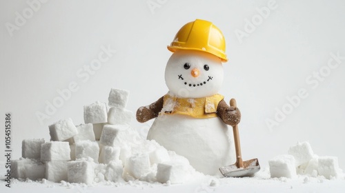 A playful snowman wearing a hard hat stands beside a pile of sugar cubes, holding a shovel.