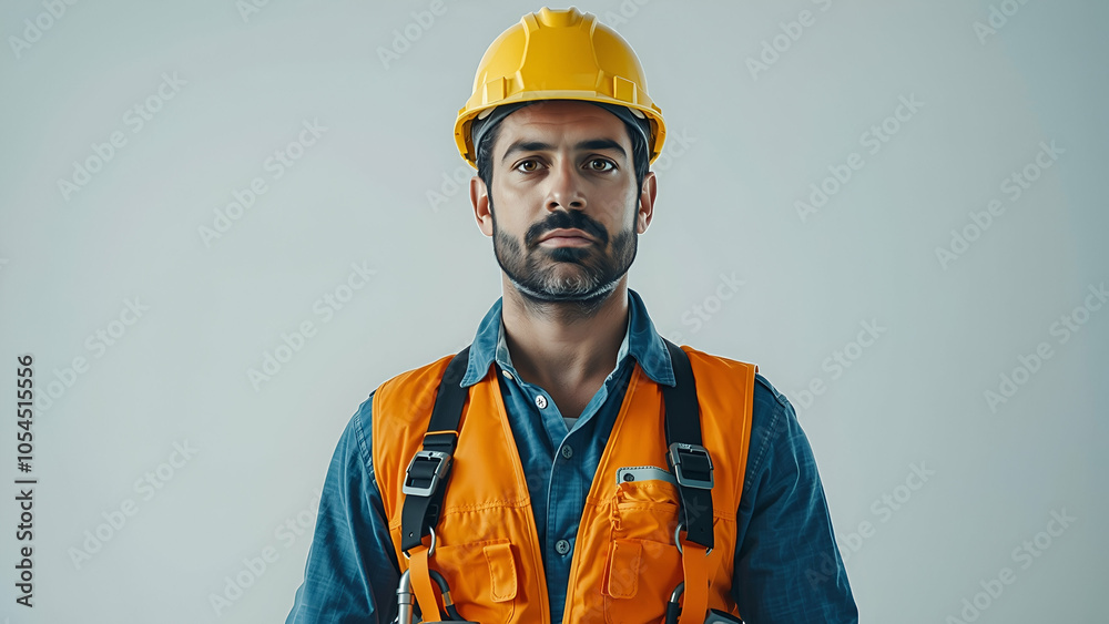 Portrait of construction worker with tool belt on light background. Space for text Portrait of construction worker with tool belt on light background. Space for text