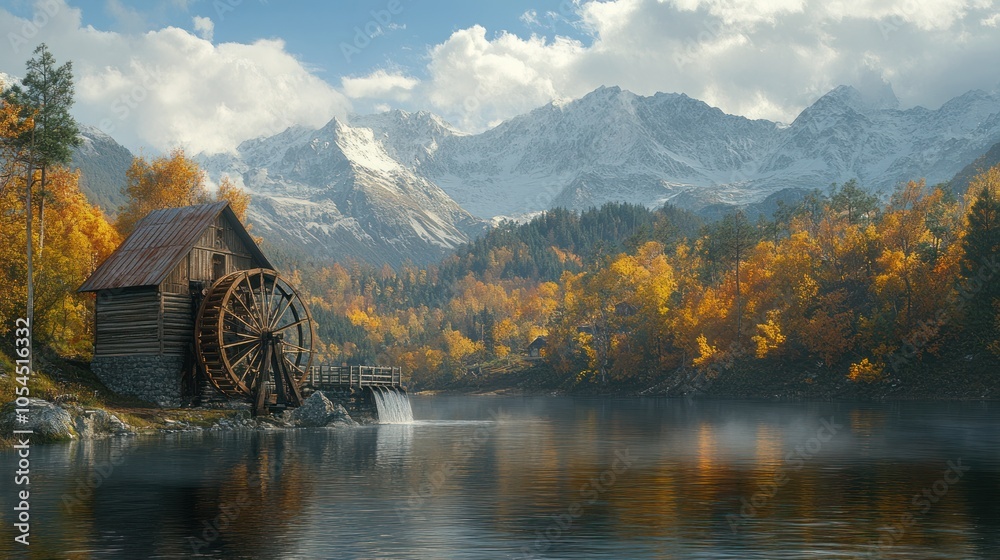 Fototapeta premium A traditional wooden watermill stands on a small lake in a valley, with snow-capped mountains in the background and vibrant autumnal foliage on the trees.