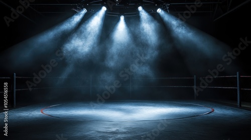 An illuminated boxing ring with dramatic lighting and smoke effects.