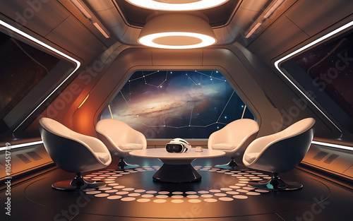 Futuristic spaceship interior with white chairs and a galaxy view  perfect for science fiction and space exploration themes    photo