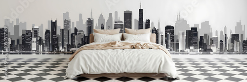 Wallpaper Mural White bed with beige linens and a cityscape backdrop  modern minimalist interior design    Torontodigital.ca