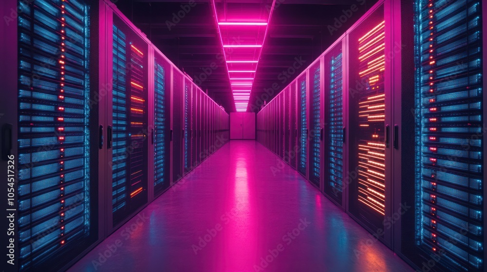 Fototapeta premium A long hallway with rows of servers, lit by colorful neon lights.