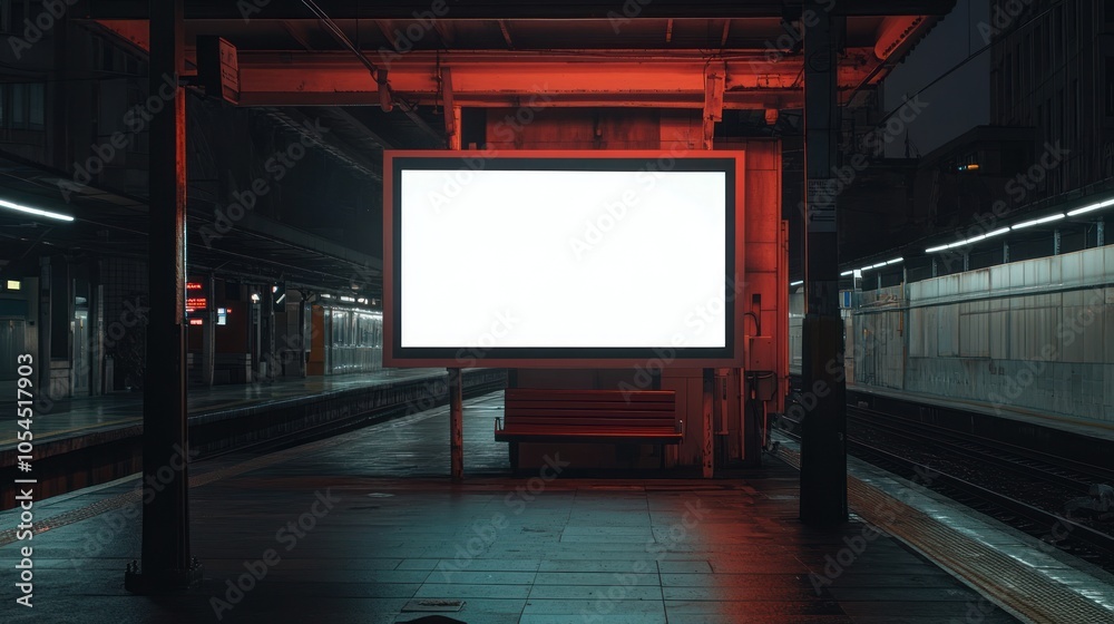 A deserted train platform at night featuring a blank advertising board and dim lighting. A deserted train platform at night featuring a blank advertising board and dim lighting.