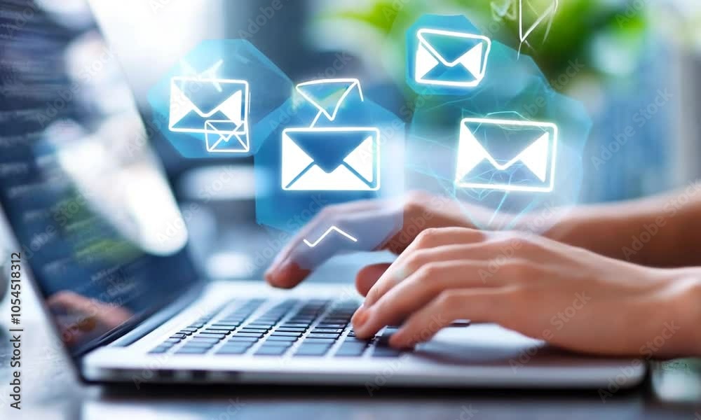 A person typing on a laptop with email icons floating above, symbolizing communication.