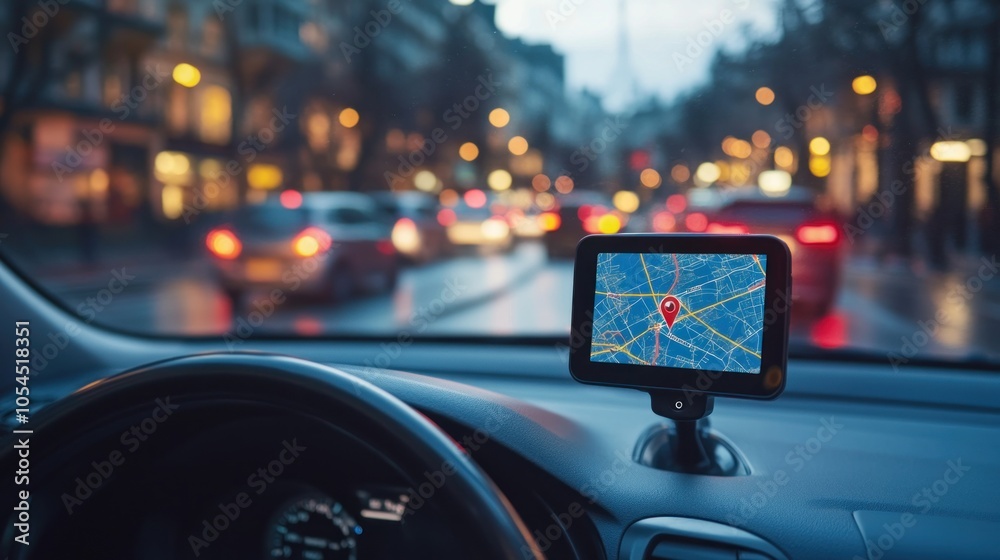 A car's interior with a GPS device showing a map and traffic in a city setting. A car's interior with a GPS device showing a map and traffic in a city setting.