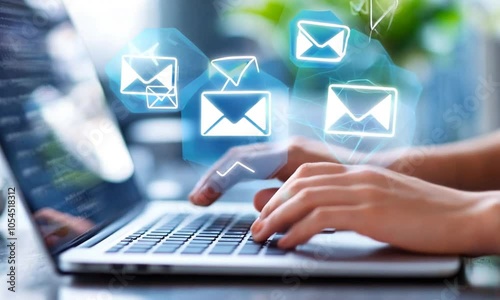 A person typing on a laptop with email icons floating above, symbolizing communication.