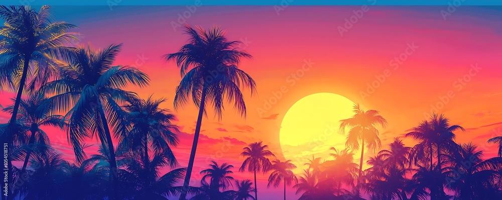 Obraz premium Coconut palm trees silhouetted against a colorful sunset