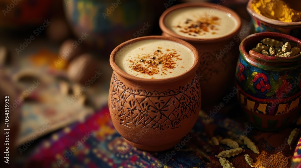 Two decorative clay cups filled with a creamy beverage, surrounded by spices and vibrant textiles. Two decorative clay cups filled with a creamy beverage, surrounded by spices and vibrant textiles.