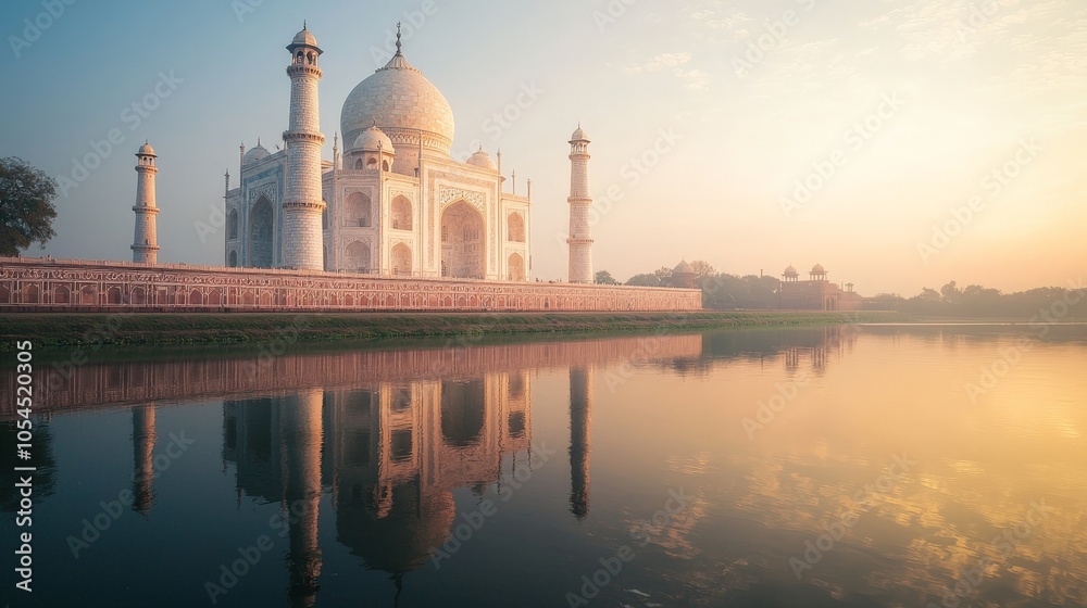 Fototapeta premium Iconic front view of the Taj Mahal at sunrise, soft light reflecting off the marble, with a serene river in the foreground