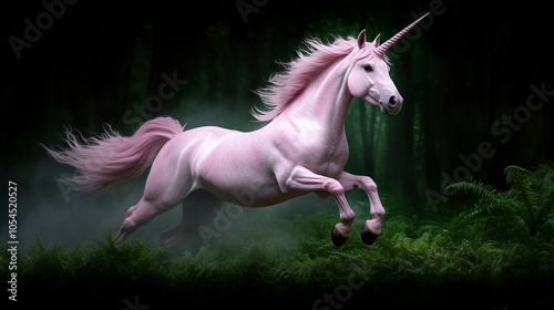 A majestic pink unicorn gallops through a dark forest, its flowing mane and tail shimmering in the moonlight.