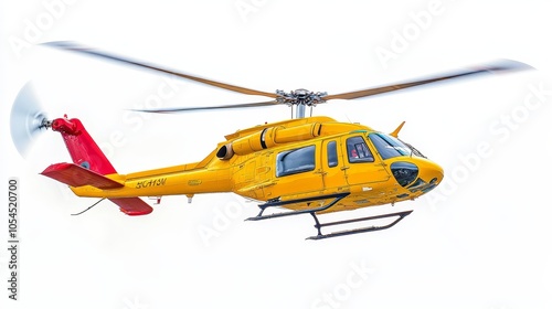 A yellow helicopter with a red tail is flying in the air. The background is white.