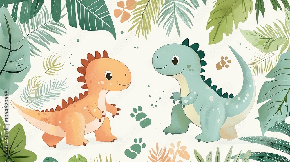 Obraz premium Cute Cartoon Dinosaurs in a Tropical Jungle with Colorful Leaves and Footprints - Fun and Playful Children's Illustration