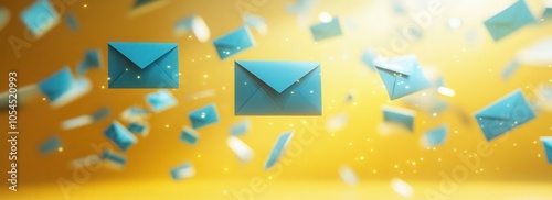 Wallpaper Mural Floating blue envelopes on a vibrant yellow background symbolize modern email marketing and efficient communication in the digital age, banner, background mockup, mock up, template, empty, copy space Torontodigital.ca