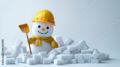 A snowman in a construction hat and scarf, holding a shovel among sugar cubes.
