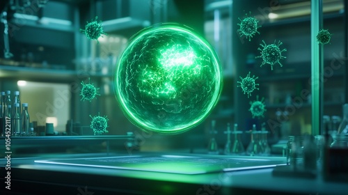radiant sphere emitting light, representing immunity, floating in a laboratory setting with viruses deflecting off, futuristic, green and blue tones